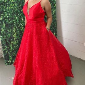Platinum red embellished gown prom dress
